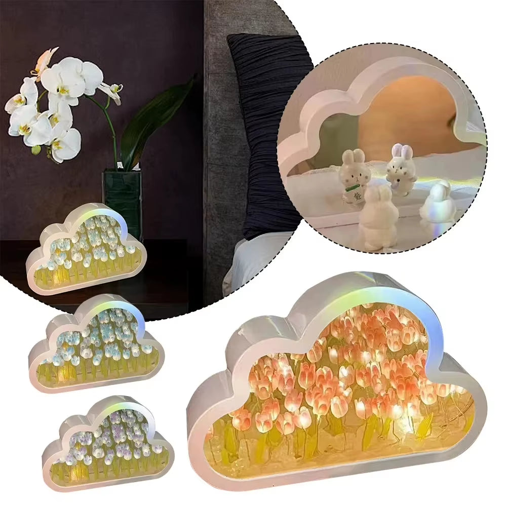 Cloud Tulip Night Light Handmade DIY Material Flower Home Decor Mirror Creative Atmosphere Lamp Birthday Gift Valentine'S Day