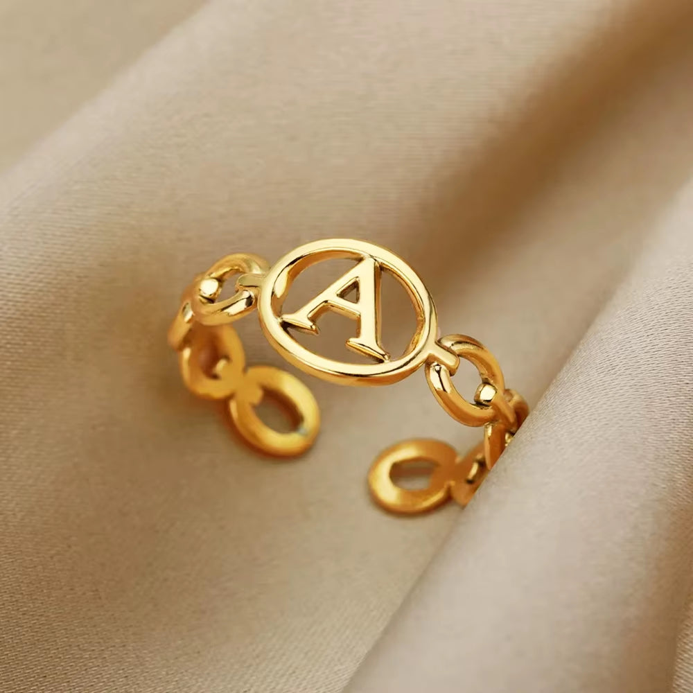 Hollow Initial Letter Rings for Women Stainless Steel Ring Gold Color Link Adjustable Ring Female Wedding Aesthetic Jewelry Gift