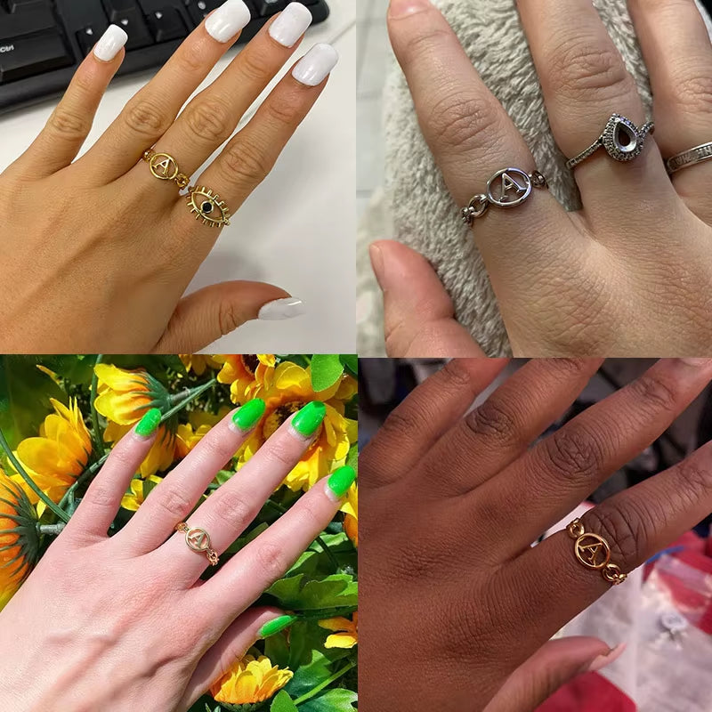 Hollow Initial Letter Rings for Women Stainless Steel Ring Gold Color Link Adjustable Ring Female Wedding Aesthetic Jewelry Gift