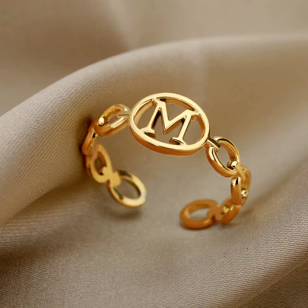 Hollow Initial Letter Rings for Women Stainless Steel Ring Gold Color Link Adjustable Ring Female Wedding Aesthetic Jewelry Gift