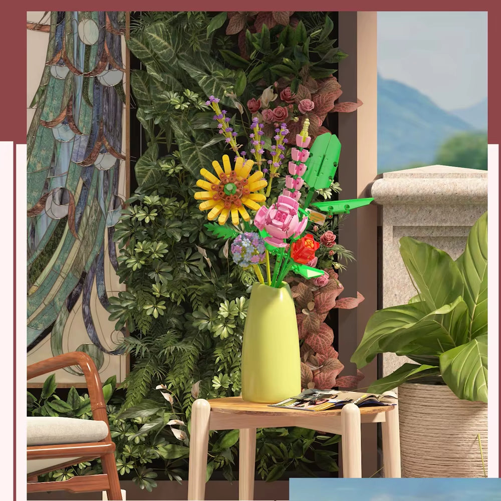 Flower Bouquet 3D Model Toy Mini Build Blocks for Girl Plant Potted Assemble Brick Decoration Holiday Girlfriend Gift