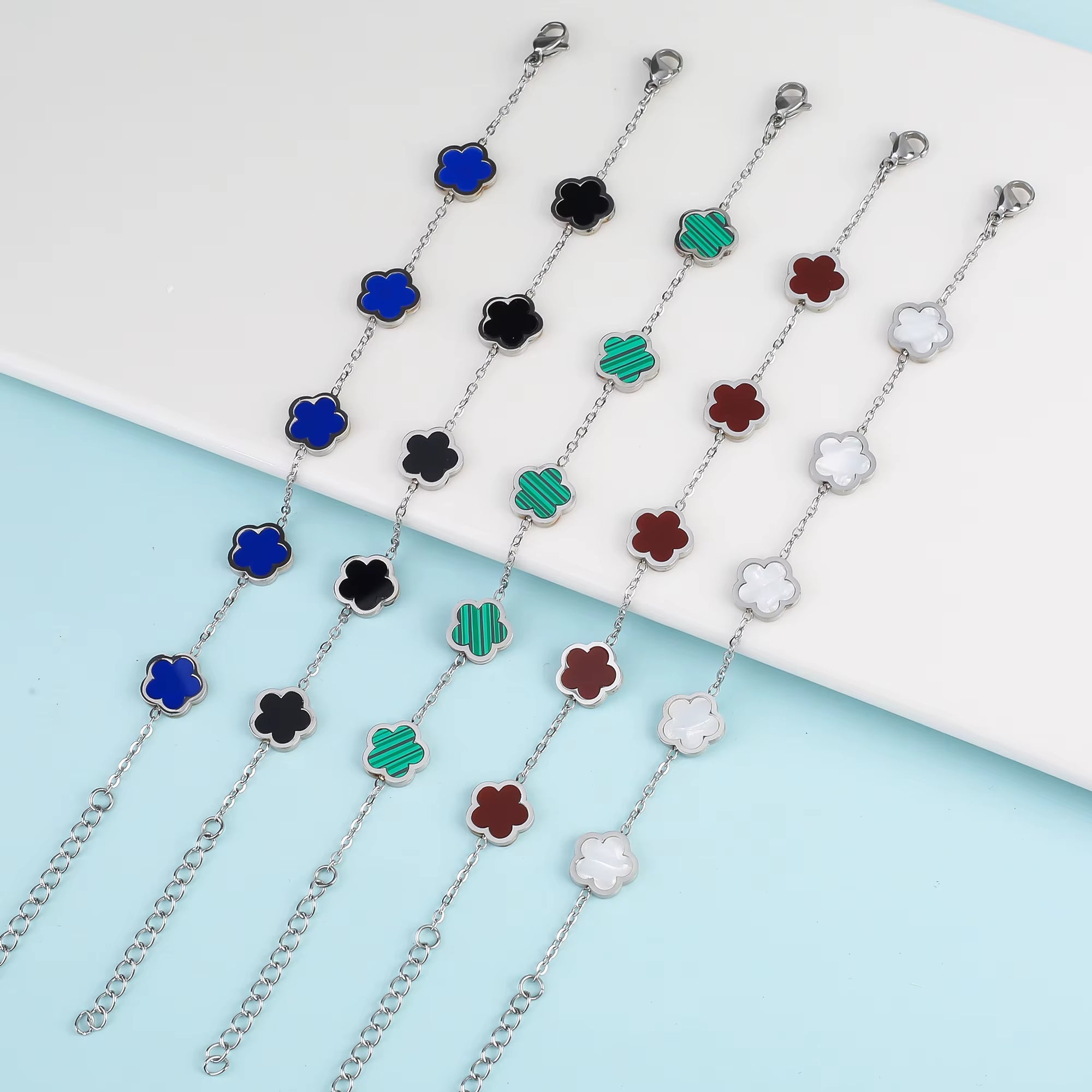 Silver Color New Design Plant Five Leaf Flower Bracelet Single Sided Plum Blossom Stainless Steel Jewelry Women'S Clover