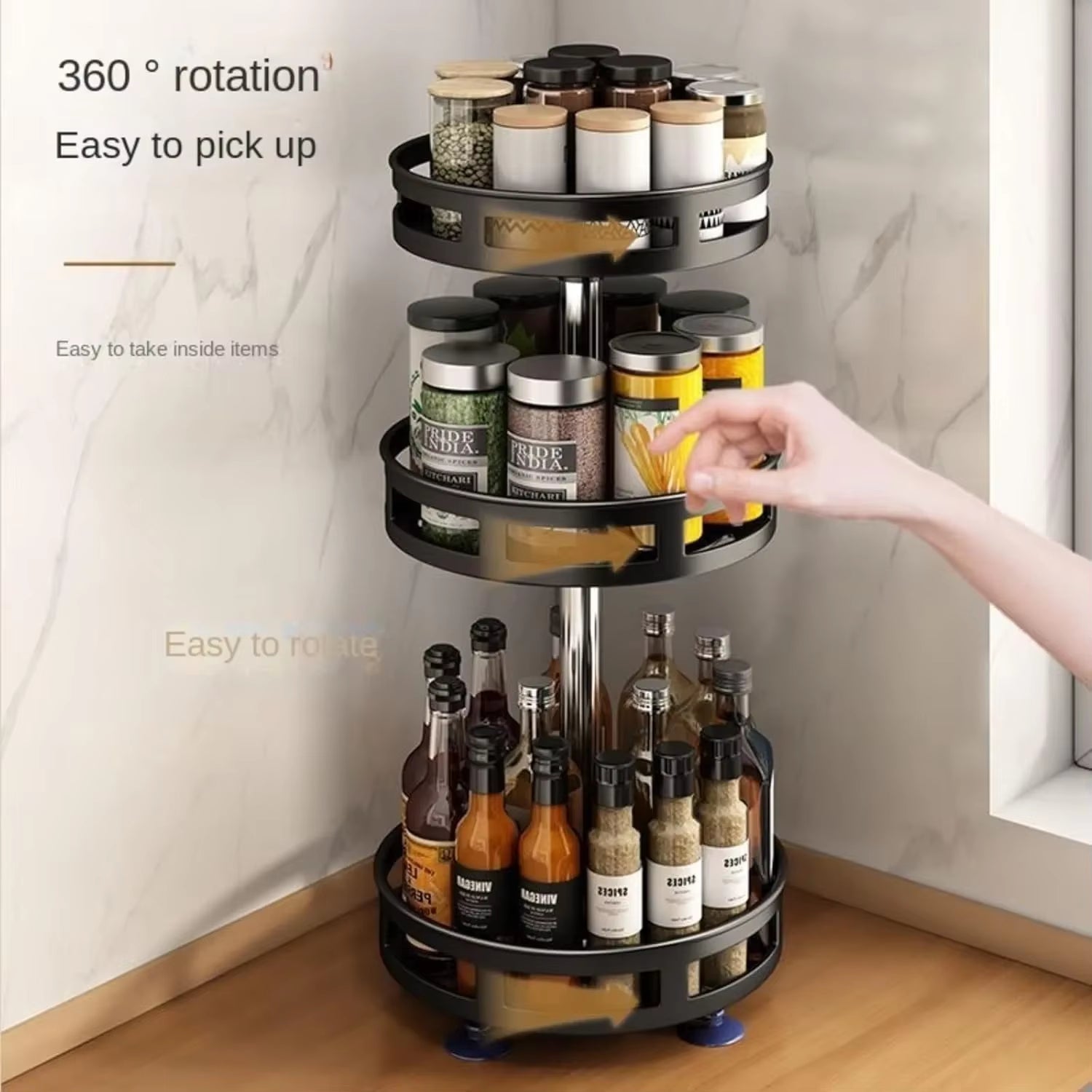 360°Rotating Kitchen Spice Storage Rack Organizer Desktop No Punching Home Multi-Layer round Rotating Spice Bottle Shelf Storage