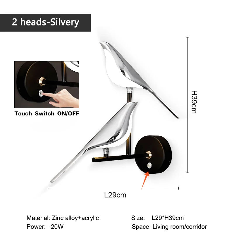 Nordic Touch Switch LED Wall Lamps for Bedside TV Background Gold Silver Magpie Bird LED Wall Lights Wall Sconce for Corridor