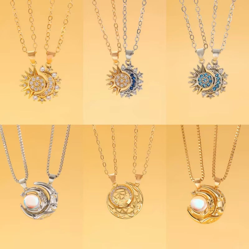 2Pcs/Set Magnetic Couple Matching Necklace Sun Moon Heart Shape Magnet Paired Pendant Jewelry Chain Choker Fashion Lover Gift