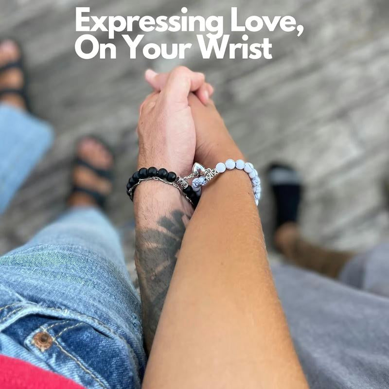 Couple Bracelets Natural Bead Stone Heart -Shape Matching Adjustable Unisex Anniversary Valentine'S Day Gifts