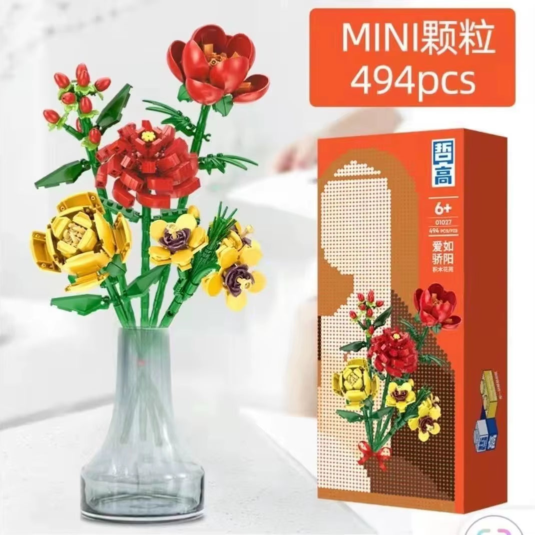Flower Bouquet 3D Model Toy Mini Build Blocks for Girl Plant Potted Assemble Brick Decoration Holiday Girlfriend Gift