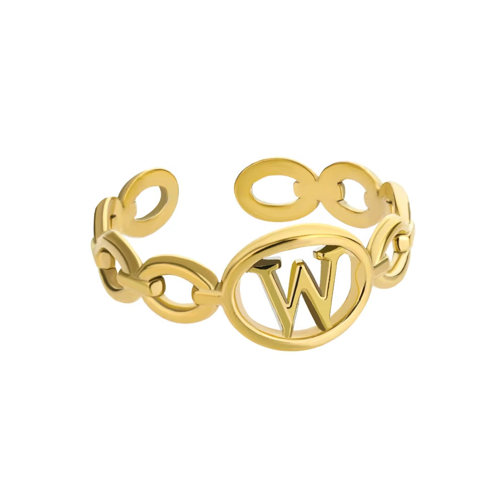 Hollow Initial Letter Rings for Women Stainless Steel Ring Gold Color Link Adjustable Ring Female Wedding Aesthetic Jewelry Gift