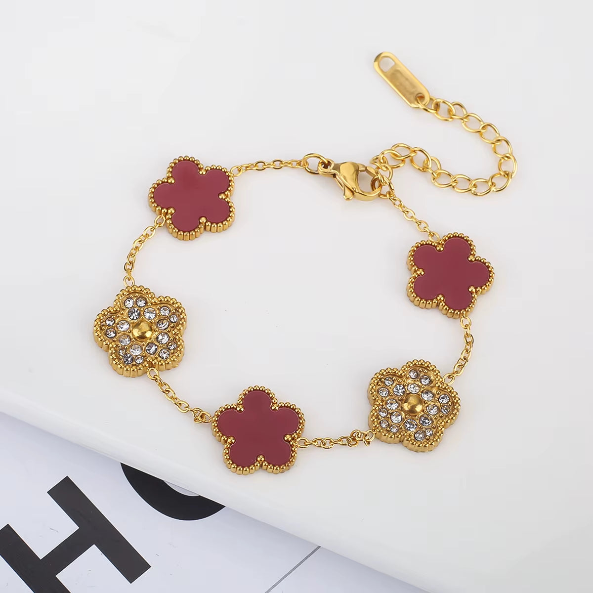 Silver Color New Design Plant Five Leaf Flower Bracelet Single Sided Plum Blossom Stainless Steel Jewelry Women'S Clover