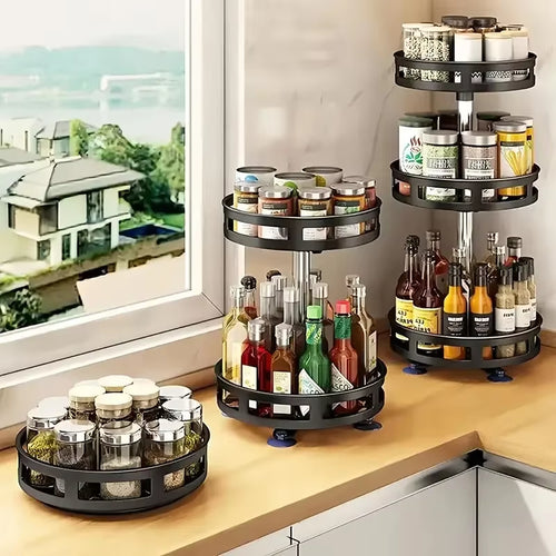 360°Rotating Kitchen Spice Storage Rack Organizer Desktop No Punching Home Multi-Layer round Rotating Spice Bottle Shelf Storage